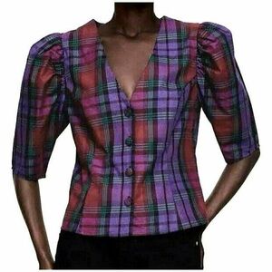 Zara purple, maroon, teal button up short sleeve top